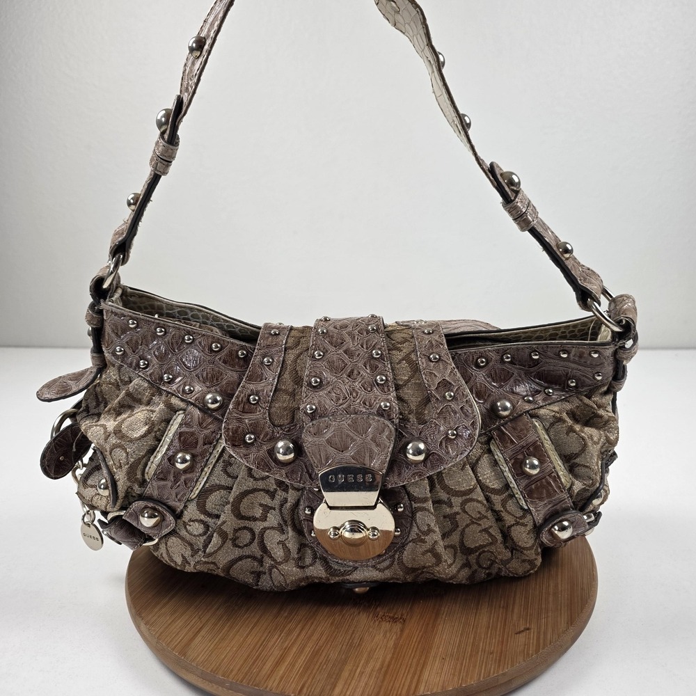 VTG Y2K Guess Shoulder Bag Womens Brown Logo Canvas Studded Turn Lock Purse HTF
